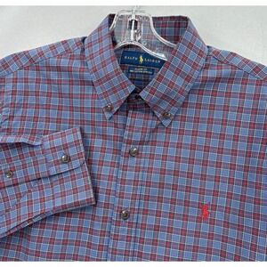 Ralph Lauren Shirt Mens Large Blue Red Plaid Button Up Tartan Cotton Stretch